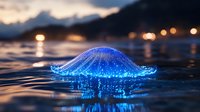 Glowing blue jellyfish floating on water surface at twilight with mountain landscape and warm lights creating magical bioluminescent marine scene.