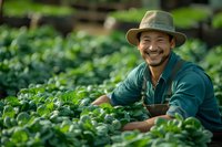 Asian male farmer in hat smiling while tending to organic vegetable crops in lush green garden, demonstrating sustainable agriculture and farm-to-table concept.