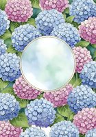 Watercolor hydrangea floral frame with blue and pink blooms surrounding a round gold-bordered copy space for text or design.