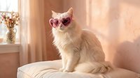 Adorable fluffy white cat wearing pink heart-shaped sunglasses sitting on bed in sunny bedroom with warm natural lighting and cozy home interior.