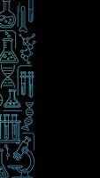 Science laboratory equipment icons in neon blue outline style on black background for medical research and chemistry education materials.