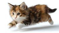 Playful calico kitten in jumping motion isolated on white background, showing hunting behavior and natural feline agility. Suitable for pet care and veterinary marketing.