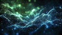Abstract digital wave of glowing particles and dots creating dynamic flowing lines against dark background in blue and green colors. Futuristic network concept.