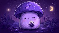 Cute kawaii mushroom character with happy face in magical night forest scene with purple glow, crescent moons and stars in dreamy atmosphere.