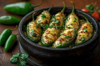 Grilled jalapeno peppers stuffed with melted cheese and herbs, garnished with fresh cilantro and spices in rustic clay bowl on wooden background.