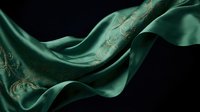 Flowing emerald green silk fabric with golden ornate patterns creates elegant waves against dark background for luxury fashion and textile design projects.