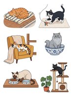 Cute cats relaxing in various cozy settings including beds, chairs, bowls and cat trees. Isolated clipart collection ready for design projects, merchandise and home decor applications.