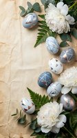Modern Easter eggs with geometric patterns arranged with white peonies and eucalyptus on vintage paper background for spring holiday decoration.
