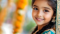 Young South Asian girl with dark hair and warm smile wearing traditional jewelry, leaning against textured wall with blurred golden flowers in background, suitable for cultural diversity and childhood themes.