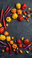 Colorful hot peppers and chili varieties arranged on dark slate background for culinary cooking and spicy food preparation concepts.