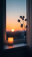 Cozy windowsill at sunset with glowing candle and cotton flowers in vase, warm orange sky and setting sun create peaceful atmospheric mood.