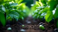 Young green seedling emerging from rich dark soil with lush foliage background in soft focus, representing growth, new beginnings, and environmental concepts.