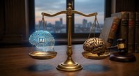 Golden scales of justice balancing glowing AI brain and human brain in law office with city skyline background for legal technology concepts.