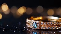 Elegant engagement ring with blue topaz center stone and diamond accents on dark surface with golden bokeh lights creating romantic atmosphere.
