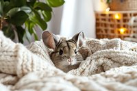 Cozy cat peeking out from soft cream knitted blanket with houseplant and warm lights in background, creating relaxing home atmosphere.
