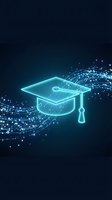 Glowing neon graduation cap with digital particles flowing across dark blue background, representing online learning, education technology, and digital knowledge for e-learning platforms.