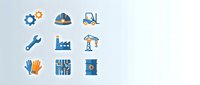 Industrial construction and manufacturing icons set with tools, machinery, safety equipment and work symbols for business presentations and design projects.