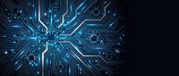 Blue circuit board pattern with glowing electronic pathways and microchips on dark background for technology and digital innovation projects.