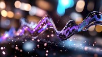 Abstract flowing wave of purple and blue light particles with bokeh background, suitable for technology, data visualization, and digital marketing designs.