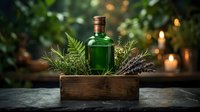 Green herbal essential oil bottle with copper cap surrounded by fresh ferns and lavender sprigs in rustic wooden box with warm candlelight bokeh background.