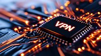 Glowing VPN chip on circuit board with orange light effects, modern cybersecurity concept showing digital network protection technology on motherboard.