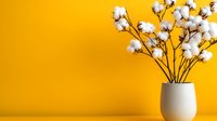 Cotton branches in ceramic vase against vibrant yellow background creating minimalist home decor arrangement for interior design and styling projects.
