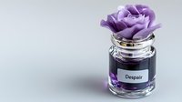 Purple rose atop glass bottle labeled "Despair" on gray background, symbolizing emotional concepts for mental health awareness or artistic expression.