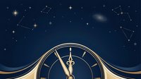 Elegant golden clock face with ornate hands against deep night sky filled with stars and constellation patterns, suitable for time management, astronomy, astrology, and luxury design projects.