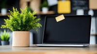 Modern workspace with laptop and green plant in ceramic pot on wooden desk against blurred office background, minimalist home office setup.