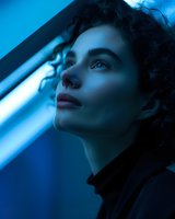 Young woman with dark curly hair in profile view illuminated by dramatic blue neon lighting, looking upward with contemplative expression against dark background.