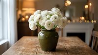 White ranunculus bouquet in a green ceramic vase on a rustic wooden table, warm bokeh lights and fireplace in cozy home interior.