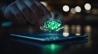 Futuristic holographic green crystal projection floating above smartphone screen in dark setting with bokeh lights, showcasing advanced technology visualization.