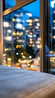 Cozy window sill with soft fabric overlooking blurred city lights at dusk, creating dreamy bokeh effect against deep blue twilight sky. Perfect for lifestyle content.