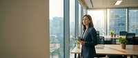 Professional businesswoman in dark suit holding tablet standing by office windows with city view during golden hour lighting for corporate presentations.