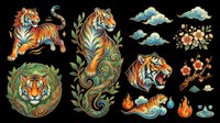 Ornate tiger clipart set with floral and swirl accents, isolated on transparent background. Great for t-shirt design, stickers, sublimation, and print on demand.