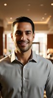 Portrait of a smiling Middle Eastern male professional wearing a light gray button-up shirt in a modern office lobby with warm ambient lighting and bokeh background.