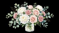 Floral arrangement with pink roses, cream peonies, and eucalyptus in glass vase, isolated on transparent background. Ready for t-shirt designs, clipart, stickers, and print-on-demand products.