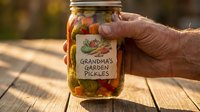 Elderly hand holding a glass jar of colorful homemade pickled vegetables with a rustic label on a wooden table in warm sunlight.