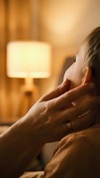 Young woman touching face with hands in warm golden light creating peaceful self-care moment in cozy bedroom interior with soft lamp glow.