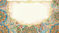 Ornate golden frame with intricate mandala patterns in turquoise, orange and green featuring decorative scrollwork border on cream background for invitations and design projects.