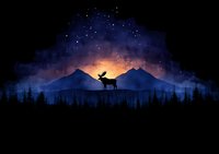 Silhouette of majestic deer standing between mountain peaks against starry night sky with glowing sunset and forest treeline in dark blue tones.