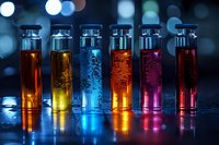 Colorful laboratory vials with vibrant liquids in amber, yellow, blue, orange, pink, and red against dark bokeh background for scientific research.