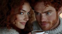 Young couple with curly red hair enjoying warm drinks together in cozy winter setting with soft lighting and intimate atmosphere for lifestyle content.