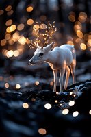 White deer with glowing antlers made of fairy lights stands against dark background with magical bokeh lights creating enchanting winter holiday atmosphere.