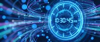 Futuristic digital clock displaying time with glowing blue neon circles and data streams. High-tech interface design for sci-fi projects and technology presentations.