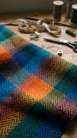 Colorful woven textile with geometric chevron pattern on wooden table surrounded by sewing supplies including scissors, measuring tape, thread spools and crafting tools.