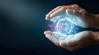 Male hands holding glowing digital sphere with circuit patterns and data visualization, representing technology innovation, cybersecurity, digital transformation, and future business solutions.