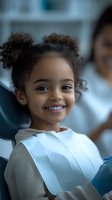 Young African American girl with curly hair smiling brightly during dental checkup, wearing protective bib. Dental care and oral hygiene concept for children.