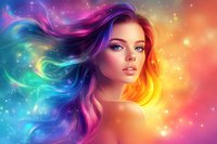 Young woman with rainbow colored flowing hair against cosmic background with stars and nebula effects creating magical fantasy portrait in vibrant colors.