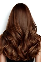 Back view of glossy chestnut brown hair with soft waves and highlights against white background, ideal for hair care advertising.